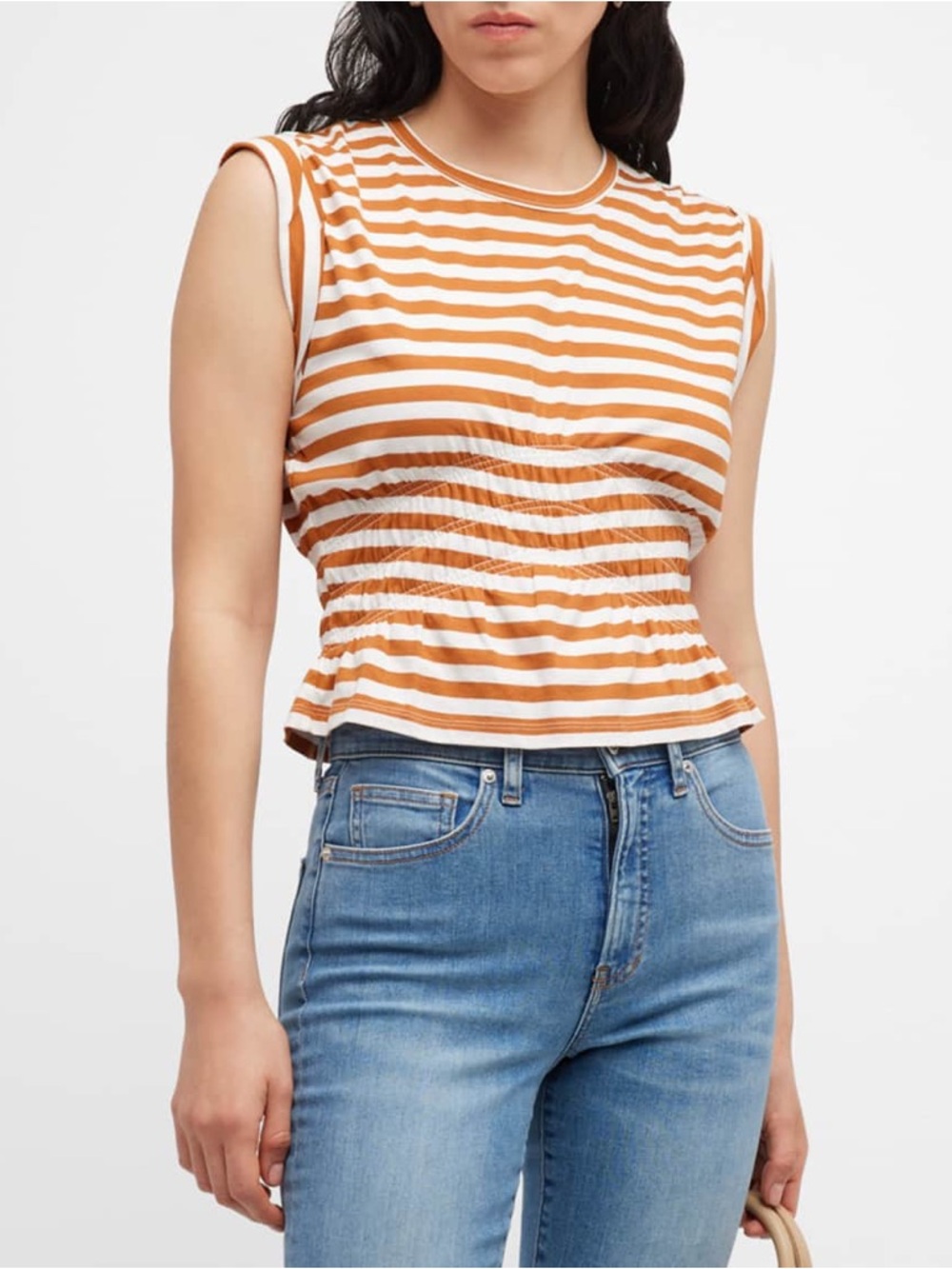 Veronica Beard Buchanan Striped Shirred Waist Cotton T-Shirt | Medium
